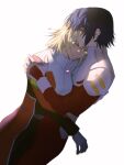  1boy 1girl absurdres arm_around_waist athrun_zala blonde_hair blue_eyes breasts cagalli_yula_athha clenched_teeth closed_eyes closed_mouth couple cowboy_shot crying dssa193478 gundam gundam_seed half-closed_eyes hand_on_another&#039;s_shoulder hetero highres medium_breasts medium_hair military_uniform short_hair tears teeth uniform white_background 