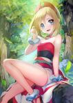  1girl anklet arm_support bangs blonde_hair blue_eyes blurry blush bracelet collar commentary_request day eyelashes hair_between_eyes hairband highres irida_(pokemon) jewelry kokouno_oyazi leaves_in_wind looking_at_viewer medium_hair open_mouth outdoors pokemon pokemon_(game) pokemon_legends:_arceus red_footwear red_hairband red_shirt sash shirt shoes shorts sitting smile solo strapless strapless_shirt tongue tree waist_cape white_shorts 