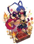  1boy antenna_hair balloon black_gloves blue_eyes disgaea disgaea_rpg fingerless_gloves full_body gloves hair_between_eyes highres laharl navel official_art open_mouth pants pointy_ears red_eyes red_scarf scarf shoes smile 