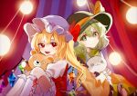  2girls black_headwear blonde_hair bow button_eyes closed_mouth commentary_request crystal flandre_scarlet frilled_shirt_collar frilled_sleeves frills green_eyes green_hair hat hat_bow hat_ribbon hugging_object komeiji_koishi long_sleeves looking_at_viewer medium_hair mob_cap multicolored_wings multiple_girls one_side_up open_mouth puffy_short_sleeves puffy_sleeves red_eyes red_skirt red_vest ribbon shirt short_sleeves side_ponytail skirt smile stuffed_animal stuffed_cat stuffed_toy teddy_bear touhou vest white_headwear wide_sleeves wings yellow_bow yellow_shirt yomogi_9392 