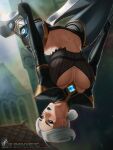  1girl black_gloves black_pants blue_eyes breasts camille_(league_of_legends) clenched_hand gem gloves grey_hair hair_bun highres large_breasts league_of_legends looking_to_the_side navel outdoors pants parted_bangs rope short_hair single_hair_bun solo themaestronoob upside-down web_address 