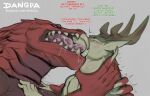 2024 anthro anthro_on_anthro antlers asphyxiation biped blush bodily_fluids capcom claws dangpa dialogue digital_media_(artwork) english_text extreme_french_kiss eye_roll fanged_wyvern finger_claws french_kissing fur green_body green_fur half-closed_eyes herbivore_(mh) hi_res horn interspecies kelbi kissing larger_male male male/male monster_hunter narrowed_eyes neck_bulge odogaron predator/prey red_body saliva size_difference smaller_male text white_body white_fur