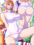 1girl absurdres ass bare_arms bare_shoulders belt_bag blurry blurry_background blush_stickers boots breasts commentary full_body hands_up headphones highres knee_boots large_breasts leotard long_hair looking_at_viewer multiple_views nami_(one_piece) official_alternate_costume ok_sign one_eye_closed one_piece opalis open_mouth orange_eyes orange_hair science_fiction single_sidelock sitting smile spread_legs thighs wavy_hair white_leotard 
