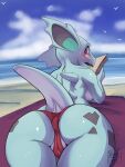 absurd_res anthro beach blue_body blush book butt camel_toe clothed clothing generation_1 generation_1_pokemon hi_res looking_back nidorina nintendo pokemon pokemon_(species) presenting presenting_hindquarters scalesindark seaside swimsuite text topless url
