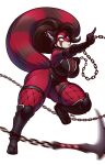  ailurid anthro blazbaros breasts chain_weapon cleavage clothed clothing female fishnet fishnet_legwear fur hi_res holding_object holding_weapon legwear mammal ninja red_body red_fur red_panda simple_background solo striped_body striped_fur stripes warrior weapon white_background 