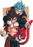  absurdres anger_vein biceps black_hair blue_eyes blue_sash body_fur closed_mouth dougi dragon_ball dragon_ball_heroes dragon_ball_super earrings gloves highres jewelry long_hair male_focus monkey_boy monkey_tail multiple_boys muscular muscular_male no_nipples pants pectorals potara_earrings red_fur red_hair relio_db318 saiyan sash simple_background smile spiked_hair super_saiyan super_saiyan_4 super_saiyan_blue tail time_patrol_(dragon_ball) torn_clothes vegetto vegetto_(xeno) 