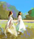  2girls art_study black_hair blue_sky brown_hair commentary day dress english_commentary faux_traditional_media field grass highres holding_hands long_hair long_sleeves multiple_girls original outdoors photoshop_(medium) short_hair sketch sky standing tree white_dress yuming_li 
