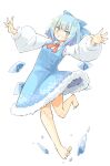  1girl arnest bare_legs barefoot blue_bow blue_dress blue_eyes blue_hair bow cirno collared_shirt commentary_request detached_wings dress full_body fur-trimmed_dress fur-trimmed_sleeves fur_trim hair_bow highres ice ice_wings long_sleeves looking_at_viewer no_shoes open_mouth pinafore_dress puffy_long_sleeves puffy_sleeves red_ribbon ribbon shirt short_hair sleeveless sleeveless_dress smile touhou white_shirt wings 