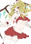  0002koko absurdres ascot blonde_hair crop_top fang flandre_scarlet hat highres looking_at_viewer mob_cap open_mouth red_eyes side_ponytail simple_background smile thighhighs touhou white_background white_thighhighs yellow_ascot 
