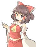  1girl arnest ascot bare_shoulders bow brown_eyes brown_hair detached_sleeves hair_bow hair_tubes hakurei_reimu highres japanese_clothes midriff miko navel red_bow red_ribbon ribbon ribbon-trimmed_sleeves ribbon_trim sarashi short_hair smile touhou v yellow_ascot 