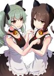  alternate_costume anchovy_(girls_und_panzer) animal_ears bell blush breasts brown_hair buchikaki cat_ears cat_girl cat_tail collar drill_hair enmaided girls_und_panzer green_hair hair_ribbon highres large_breasts maid neck_bell nishizumi_maho orange_eyes paw_pose ribbon short_hair simple_background sleeveless tail twin_drills white_background yellow_eyes 