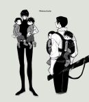  1girl 3boys baby_carry burn_scar carrying carrying_multiple_people child family greyscale_with_colored_background holding holding_sword holding_weapon hood hoodie if_they_mated jujutsu_kaisen light_brown_background long_sleeves merushii_(raynyhigher) multiple_boys okkotsu_yuuta scar sheath sheathed short_hair simple_background spoilers sword weapon zen&#039;in_maki 