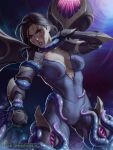  1girl black_gloves bodysuit breasts clenched_hand collarbone cowboy_shot gloves grey_bodysuit hand_up highres kai&#039;sa large_breasts league_of_legends legs_apart monster purple_background restrained solo starry_background teeth tentacles themaestronoob web_address wings 