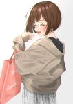  1girl ^_^ bag blunt_ends blush brown_hair brown_jacket closed_eyes fingernails floral_print glasses highres idolmaster idolmaster_cinderella_girls jacket maekawa_miku nail_polish round_eyewear shopping_bag short_hair simple_background smile solo wasabi_(mecha_karai) white_background 