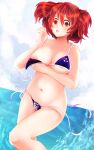  1girl absurdres areolae bangs bikini blue_bikini blush breasts dungeon_toaster english_commentary eyebrows_visible_through_hair hair_bobbles hair_ornament highres horizon large_breasts looking_at_viewer navel nipple_slip nipples ocean onozuka_komachi open_mouth outdoors red_eyes red_hair solo standing summer swimsuit touhou two_side_up 