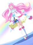  1girl 32zzz ahoge ascot asymmetrical_bangs blue_bow boots bow braid cure_prism dress earrings elbow_gloves flipped_hair frilled_dress frills gloves green_eyes hair_bow highres hirogaru_sky!_precure jewelry knee_boots layered_skirt long_hair one_eye_closed open_mouth pink_hair precure side_braids single_earring skirt sleeveless sleeveless_dress solo teeth upper_teeth_only very_long_hair waist_bow white_ascot white_bow white_dress white_footwear white_gloves wing_hair_ornament 