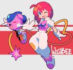  1girl ;d ahoge bacun bangs blue_eyes breasts character_name eyebrows_visible_through_hair full_body gloves highres looking_at_viewer one_eye_closed open_mouth pants pastel_(twinbee) pink_hair red_hair robot shoes short_hair short_sleeves smile twinbee white_gloves 