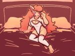 3_toes aboredsnek_113 absolute_territory anthro bed bed_sheet bedding bedroom big_hair blush blush_lines breasts canid canine ceroba_(undertale_yellow) cleavage cleavage_cutout clothed clothing crotch_lines feet female fox fur furniture hair hi_res long_hair mammal one_eye_closed pillow skimpy smile solo suggestive tan_body tan_fur toes undertale_(series) undertale_yellow wink