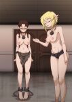 barefoot blonde_hair breasts brown_eyes brown_hair collar door duo elf eyewear feet female female/female glasses hair hi_res human humanoid indors mammal nipples slave slave_clothing slave_tattoo standing the_dark_mangaka