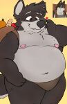 2024 anthro backpack belly big_belly black_body black_nose canid canine canis clothing cute_fangs delicious_in_dungeon domestic_dog hi_res male mammal moobs navel nipples overweight overweight_male rufus_iox solo underwear
