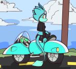 anthro clothing eyewear fan_character female fours_(artist) gecko goggles green_body hi_res jacket lizard looking_at_viewer looking_back motorcycle mouthless orange_eyes reptile road scalie sega skitter_the_gecko solo sonic_the_hedgehog_(series) topwear vehicle