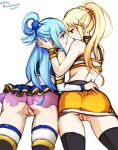  2girls anus aqua_(konosuba) artist_name bare_shoulders black_thighhighs blonde_hair braid darkness_(konosuba) dated eye_contact from_behind from_below green_hair hair_ornament hand_around_waist hand_on_another&#039;s_head kono_subarashii_sekai_ni_shukufuku_wo! long_hair looking_at_another microskirt mina_cream miniskirt multiple_girls pussy see-through skirt thighhighs white_thighhighs x_hair_ornament yuri 