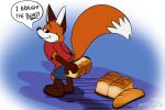 2016 barefoot black_eyes blue_background blue_bottomwear blue_clothing blue_pants bottomwear brown_body brown_fur butt canid canine clothing detailed_background dialogue english_text feet fox fur geekfox geekfox_(character) glistening glistening_eyes holding_bread male mammal orange_body orange_fur pants red_clothing red_shirt red_topwear shadow shirt simple_background smil smile solo text topwear underline white_background white_body white_fur wordplay