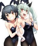  2girls anchovy_(girls_und_panzer) animal_ears arm_hug black_hair black_leotard black_pantyhose blush braid breasts brown_eyes buchikaki cleavage covered_navel drill_hair fake_animal_ears fake_tail girls_und_panzer green_hair grin hand_on_own_hip highres instrument large_breasts leotard long_hair looking_at_viewer multiple_girls music open_mouth pantyhose pepperoni_(girls_und_panzer) playing_instrument rabbit_ears rabbit_tail short_hair simple_background smile tail twin_drills twintails white_background yellow_eyes 