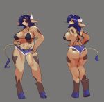 absurd_res anthro big_breasts bikini bikini_top blue_hair bottomwear bovid bovine breasts butt cattle clothed clothing female front_and_back hair hand_on_hip hi_res hooves horn looking_at_viewer looking_back mammal model_sheet multiple_poses partially_clothed portrait pose shorts skimpy solo swimwear wuwutim