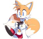  1boy animal_ears animal_nose blue_eyes closed_mouth cup english_commentary fox_boy fox_ears fox_tail furry furry_male gloves hands_up holding holding_cup looking_down male_focus motobug multiple_tails orange_fur red_footwear shoes simple_background sitting sneakers socks solo sonic_(series) steam sweatdrop tail tails_(sonic) tea two_tails white_background white_gloves white_socks 