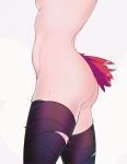  1girl bandaged_leg bandages bird_tail breasts commentary english_commentary from_side head_out_of_frame league_of_legends medium_breasts simple_background solo tail tauri_(iotauri) thighhighs topless white_background xayah 