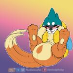 1:1 2_tails blep blush buizel clothed clothing diaper diaper_under_clothing feet feral floatzel foot_focus footed_sleeper generation_4_pokemon lying male mammal mokata_(buizel) multi_tail mustelid nintendo on_back onesie otter pawpads paws pokemon pokemon_(species) presenting raised_paw solo tail thecluelessfox_(artist) tongue tongue_out underwear wearing_diaper