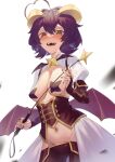  1girl absurdres ahoge black_hair black_nails black_pasties breastless_clothes breasts corset cross-shaped_pupils cross_facial_mark cross_pasties fangs forward_facing_horns heart heart_ahoge highres hiiragi_utena holding_riding_crop horns lowleg lowleg_pants magia_baiser magical_girl mahou_shoujo_ni_akogarete medium_breasts mofumofu_(mofuevening) navel open_mouth pants pasties purple_corset purple_pants short_hair showgirl_skirt solo sweat symbol-shaped_pupils white_background white_shrug yellow_eyes yellow_horns 