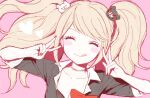  1girl artist_request bad_drawr_id bad_id bear_hair_ornament black_shirt blush_stickers bow closed_eyes collarbone danganronpa:_trigger_happy_havoc danganronpa_(series) double_v enoshima_junko facing_viewer hair_ornament long_hair oekaki pink_background red_bow red_nails shirt shirt_bow sidelocks simple_background sleeves_rolled_up solo tongue tongue_out twintails upper_body v 