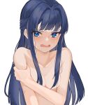  1girl angry blue_eyes blue_hair blunt_bangs blush breasts completely_nude covered_nipples covering_breasts covering_privates grabbing_own_arm harada_(typeharada) highres idolmaster idolmaster_million_live! long_hair looking_at_viewer mogami_shizuka nude open_mouth sidelocks simple_background small_breasts solo sweat upper_body white_background 