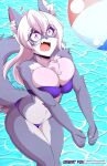  anthro ball beach_ball bikini breast_squish breasts chest_tuft cleavage clothed clothing eyewear female fur glasses hi_res inflatable mammal multicolored_body multicolored_fur sagestrike2_(artist) solo squish swimwear tuft two_tone_body two_tone_fur water 