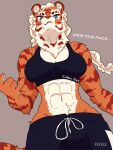 abs anthro big_breasts blue_eyes braided_hair breasts clothed clothing fefece felid female gym_clothing hair hi_res kyuuoku low-angle_view mammal meme muscular pantherine solo striped_body stripes tiger topwear
