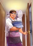  04sora40 1boy apron brown_hair commentary door floral_print glasses holding holding_towel laundry looking_at_viewer male_focus open_door open_mouth opening_door shirt shouting surprised t-shirt towel translated washing_machine yaoi 