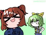  &gt;_&lt; 2girls :d ascot blue_eyes blue_shirt blue_skirt blue_vest blush_stickers bow breasts closed_eyes collared_shirt colored_skin commentary_request cookie_(touhou) daiyousei diyusi_(cookie) gradient_background green_background green_hair hair_between_eyes hair_bobbles hair_bow hair_ornament high-visibility_vest high_ponytail highres large_breasts looking_at_another medium_bangs medium_hair multiple_girls niconico_id onozuka_komachi open_mouth puffy_short_sleeves puffy_sleeves red_hair shirt shishou_(cookie) short_hair short_sleeves skirt skirt_set smile sznkrs t-shirt touhou translation_request two_side_up unusually_open_eyes upper_body vest white_shirt white_skin xd yellow_ascot yellow_bow 