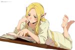  absurdres barefoot blonde_hair blush book bright_pupils collarbone cushion dungeon_meshi elf feet green_eyes hagano_yoshifumi hair_down highres long_hair lying marcille_donato megami_magazine nose_blush official_art on_stomach open_book pajamas pants pointy_ears reading shirt simple_background smile soles very_long_hair white_background white_pupils yellow_pants yellow_shirt 