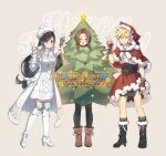  1boy 2girls aerith_gainsborough aerith_gainsborough_(cosplay) aerith_gainsborough_(fairy_of_snowfall) black_hair blonde_hair brown_hair capelet christmas_tree_costume cloud_strife cosplay costume_switch crossdressing final_fantasy final_fantasy_vii final_fantasy_vii_ever_crisis fur_capelet hat highres holding_another&#039;s_wrist jitome kieta multiple_girls santa_hat skirt smile spiked_hair tifa_lockhart tifa_lockhart_(cosplay) tifa_lockhart_(fairy_of_the_holy_flame) v winter_clothes 