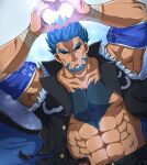  1boy abs armband bandaged_wrist bandages bara beard biceps blue_background blue_hair bucchigiri?! facial_hair feet_out_of_frame heart heart_hands highres jacket kenchiro_(bucchigiri?!) large_pectorals looking_at_viewer male_focus manly mature_male muscular muscular_male open_clothes open_jacket pectorals short_hair simple_background sleeveless solo spiked_hair takao_oz thick_arms thick_eyebrows upper_body 