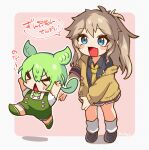  &gt;_&lt; 2girls armband arms_up black_armband black_shirt blue_eyes blush_stickers border brooch brown_hair cardigan chibi collared_shirt commentary_request fang fleeing full_body green_footwear green_hair green_overalls highres jewelry kasukabe_tsumugi leg_warmers loafers long_hair looking_at_another low_ponytail micchan_(bonyu0430) miniskirt mole mole_under_eye multiple_girls necktie off_shoulder one_side_up open_cardigan open_clothes open_mouth outline outside_border overall_shorts overalls pink_background pleated_skirt raised_eyebrows running shirt shoes short_sleeves simple_background skin_fang skirt smile speech_bubble standing sweatdrop triangle_mouth voicevox white_border white_outline white_shirt yellow_cardigan yellow_necktie zundamon 