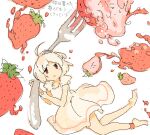  1girl :o ahoge artist_request bad_drawr_id bad_id bare_legs barefoot blonde_hair dress food fork fruit holding holding_fork juice looking_at_viewer mini_person minigirl oekaki original parted_lips red_eyes short_hair short_sleeves solo strawberry white_background white_dress 