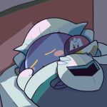  1boy bed blanket blue_skin closed_eyes colored_skin commentary_request indoors kirby_(series) lying mask meta_knight ni_re on_side pillow sleeping solo unworn_mask 