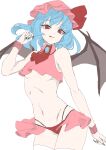  0002koko 1girl absurdres ascot bat_wings black_nails blue_hair brooch cowboy_shot crop_top fingernails hat highres jewelry mob_cap pink_headwear red_ascot red_eyes remilia_scarlet sharp_fingernails simple_background solo thighhighs tongue tongue_out touhou white_background white_thighhighs wings 