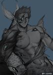  1boy abs absurdres adeliae bara cowboy_shot expressionless extra_eyes greyscale_with_colored_background highres large_pectorals looking_ahead male_focus merman monster_boy monsterification muscular muscular_male nipples pectorals piers_nivans resident_evil solo thick_eyebrows 