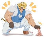 absurd_res animal_mask big_muscles bulge clothed clothing domestic_cat felid feline felis hi_res human jaguar king_(tekken) male mammal mask mels_monster_(artist) muscular muscular_male open_mouth pantherine pecs petting_head solo tekken vein veiny_muscles