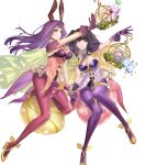  2girls animal_ears bangs black_hair blunt_bangs breasts brown_eyes bunny circlet cleavage detached_collar fake_animal_ears fire_emblem fire_emblem_awakening fire_emblem_echoes:_shadows_of_valentia fire_emblem_gaiden fire_emblem_heroes gloves grey_eyes high_heels highres kippu large_breasts long_hair multiple_girls non-web_source official_art outstretched_arm pantyhose parted_lips purple_gloves purple_hair purple_legwear rabbit_ears shirt smile sonya_(fire_emblem) strapless strapless_shirt tharja_(fire_emblem) thighs transparent_background yellow_footwear 