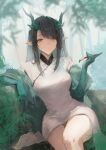  1girl absurdres alternate_costume arknights arm_support bamboo bamboo_forest black_hair blurry blurry_background breasts china_dress chinese_clothes colored_inner_hair colored_skin commentary cowboy_shot dragon_girl dragon_horns dress dusk_(arknights) earrings forest frown green_hair green_jacket green_skin highres holding holding_paintbrush horns jacket jewelry kissshotmagia large_breasts long_hair looking_at_viewer multicolored_hair nature outdoors paintbrush pointy_ears solo tassel tassel_earrings white_dress yellow_eyes 